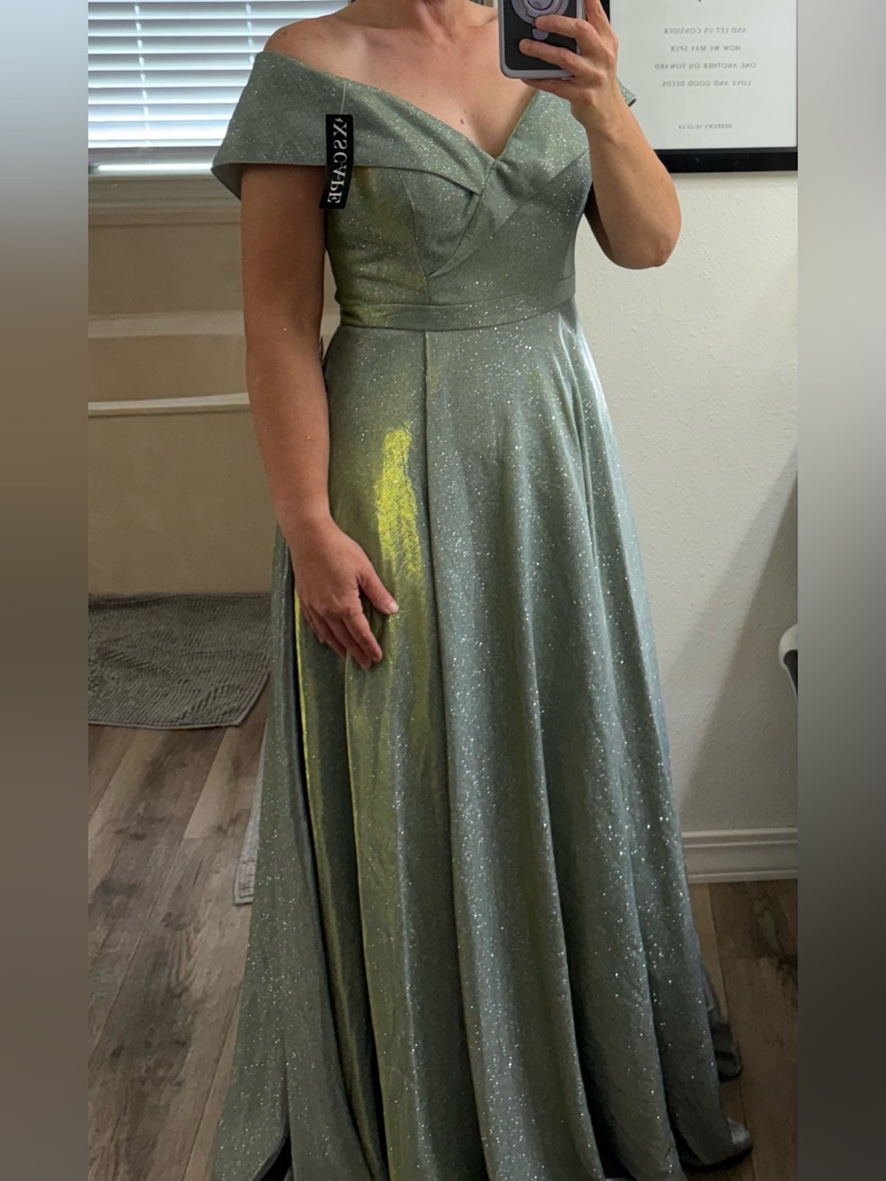 Xscape Glitter Sage Green Off-Shoulder Evening Gown